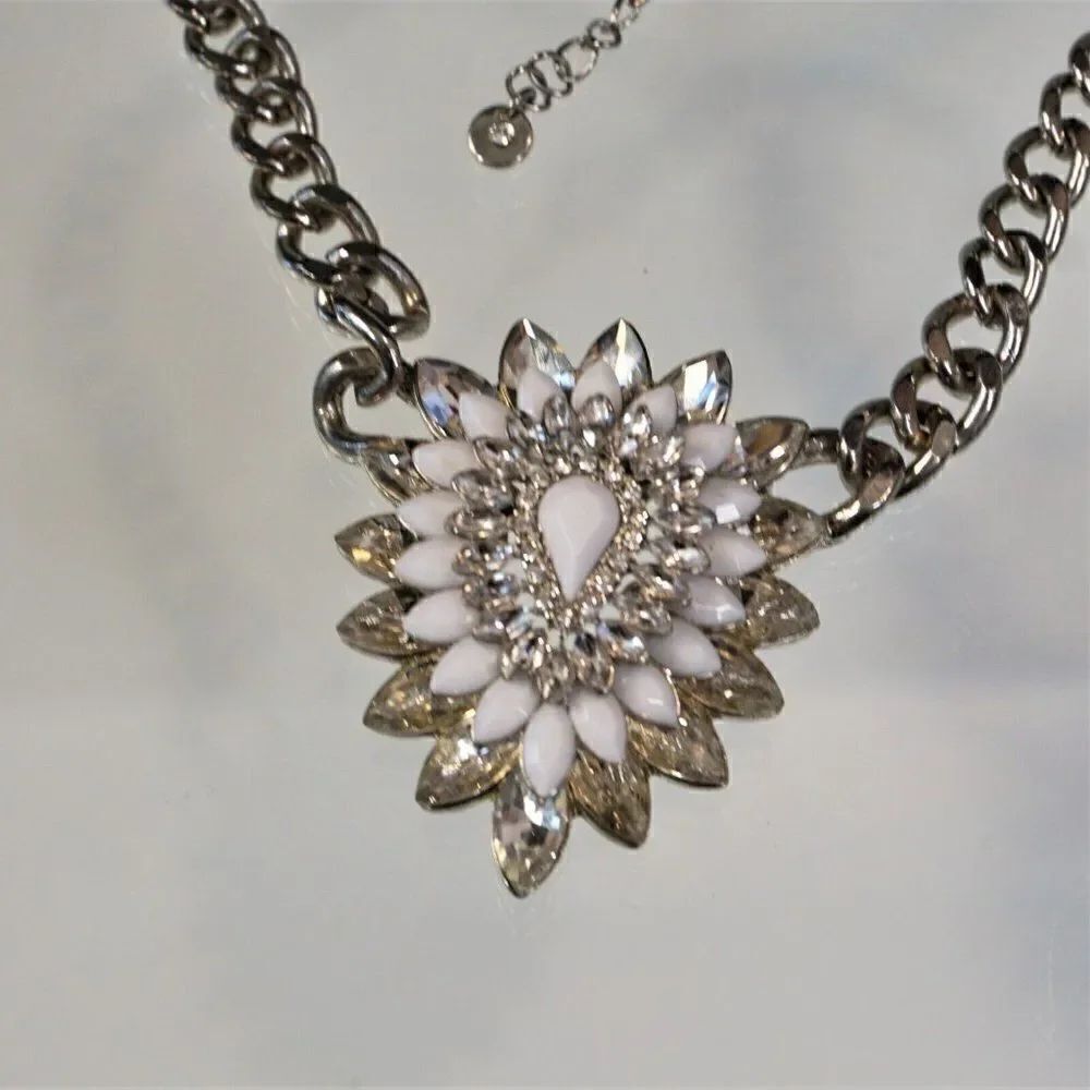Jeweled Floral Statement Necklace Sparkling Pendant Silvertone Chain